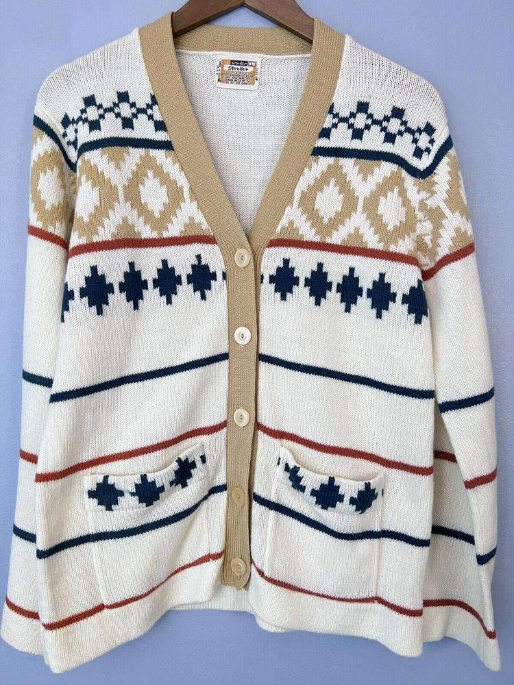 VTG Sweater Woolco Stroller Wool Worth Co Cardigan Aztec Geometric Womens sz L
